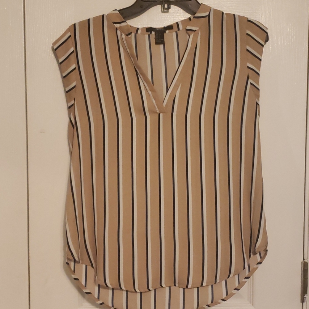 2 for 15 Tan Striped Blouse V-Neck High-Low